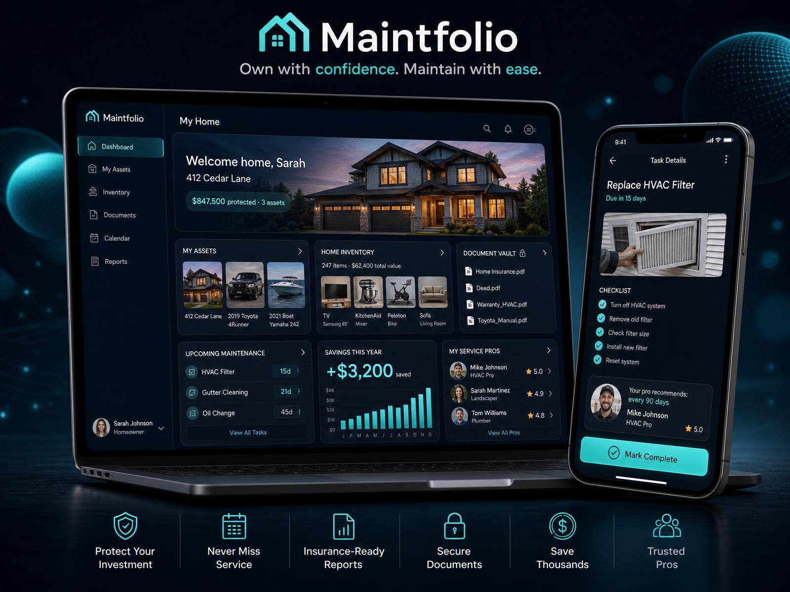 MaintFolio homeowner dashboard with registered assets, system health, and upcoming maintenance