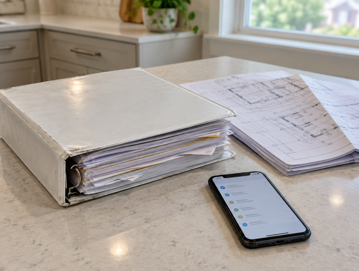 An overstuffed three-ring binder and rolled house plans on a kitchen counter beside a phone showing a maintenance list