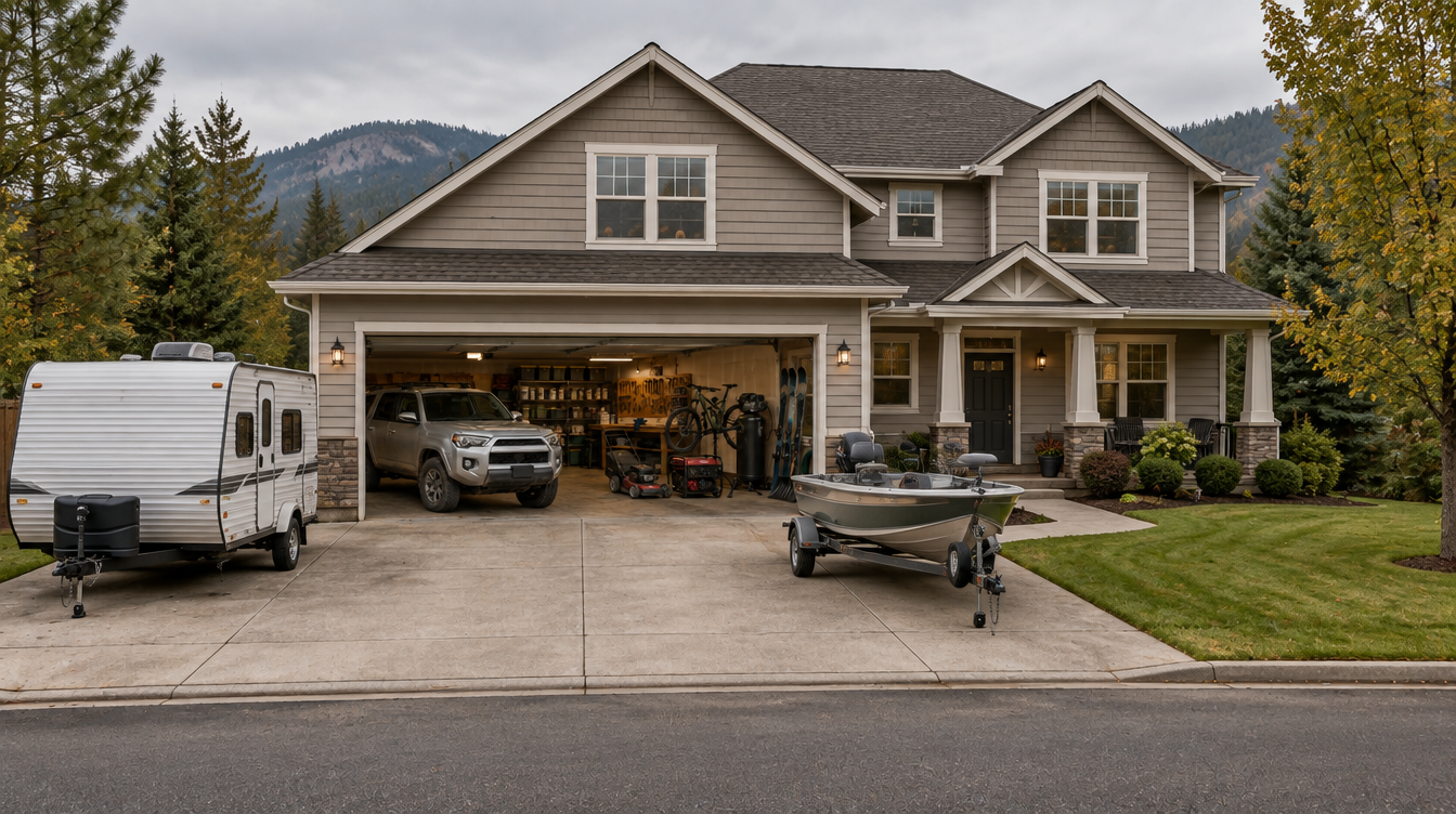 House with an open garage holding a silver SUV, mountain bike, skis, lawn mower, generator, and air compressor, with a travel trailer and boat in the driveway — every one of them needs maintenance