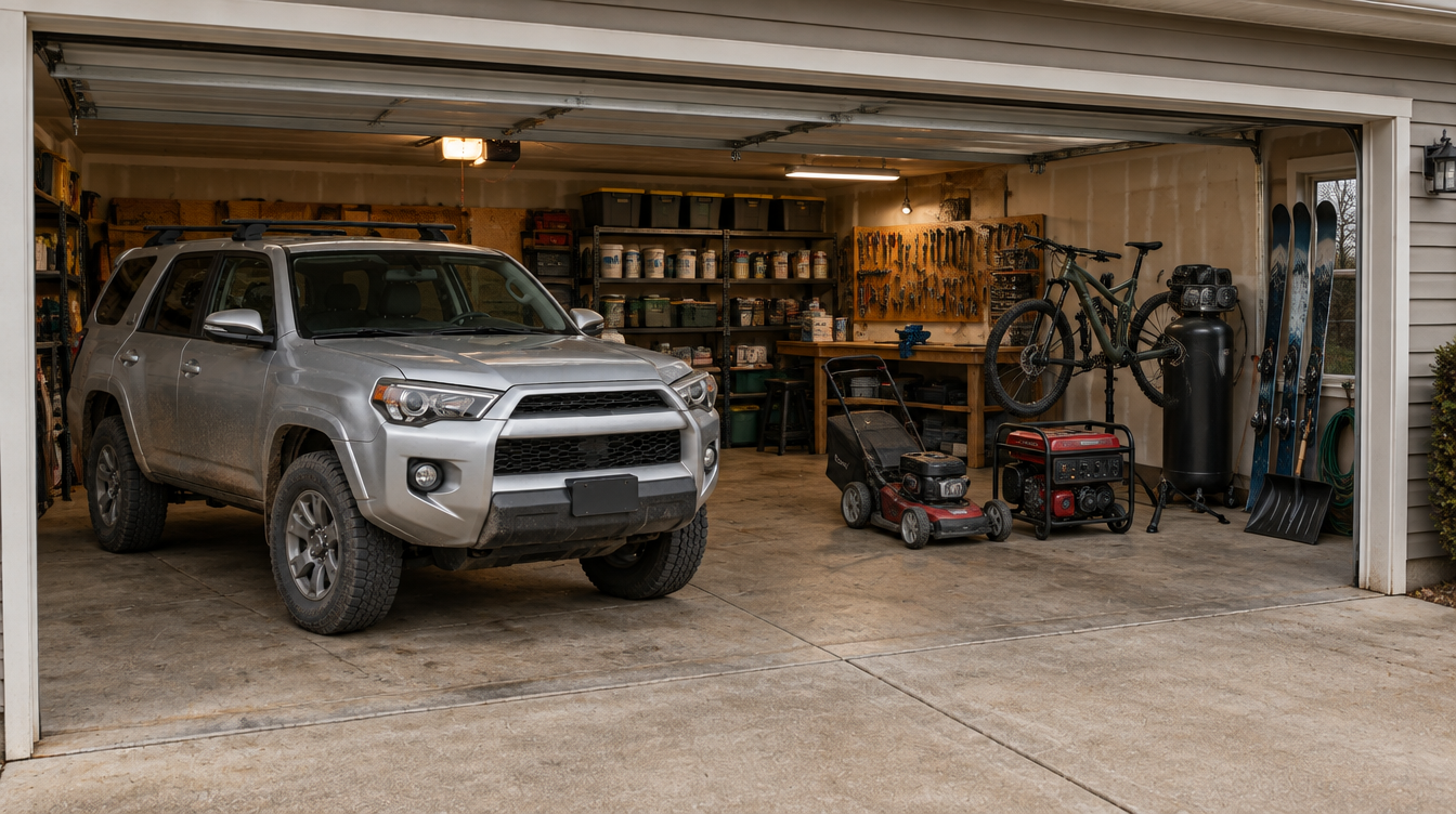 Open garage with a silver SUV, mountain bike, skis, lawn mower, generator, and air compressor, each labelled with the maintenance it needs