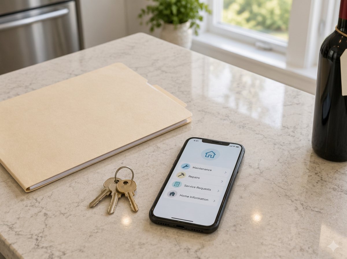 House keys, closing folder, and a maintenance dashboard on a phone in the foreground, with wine secondary at the edge