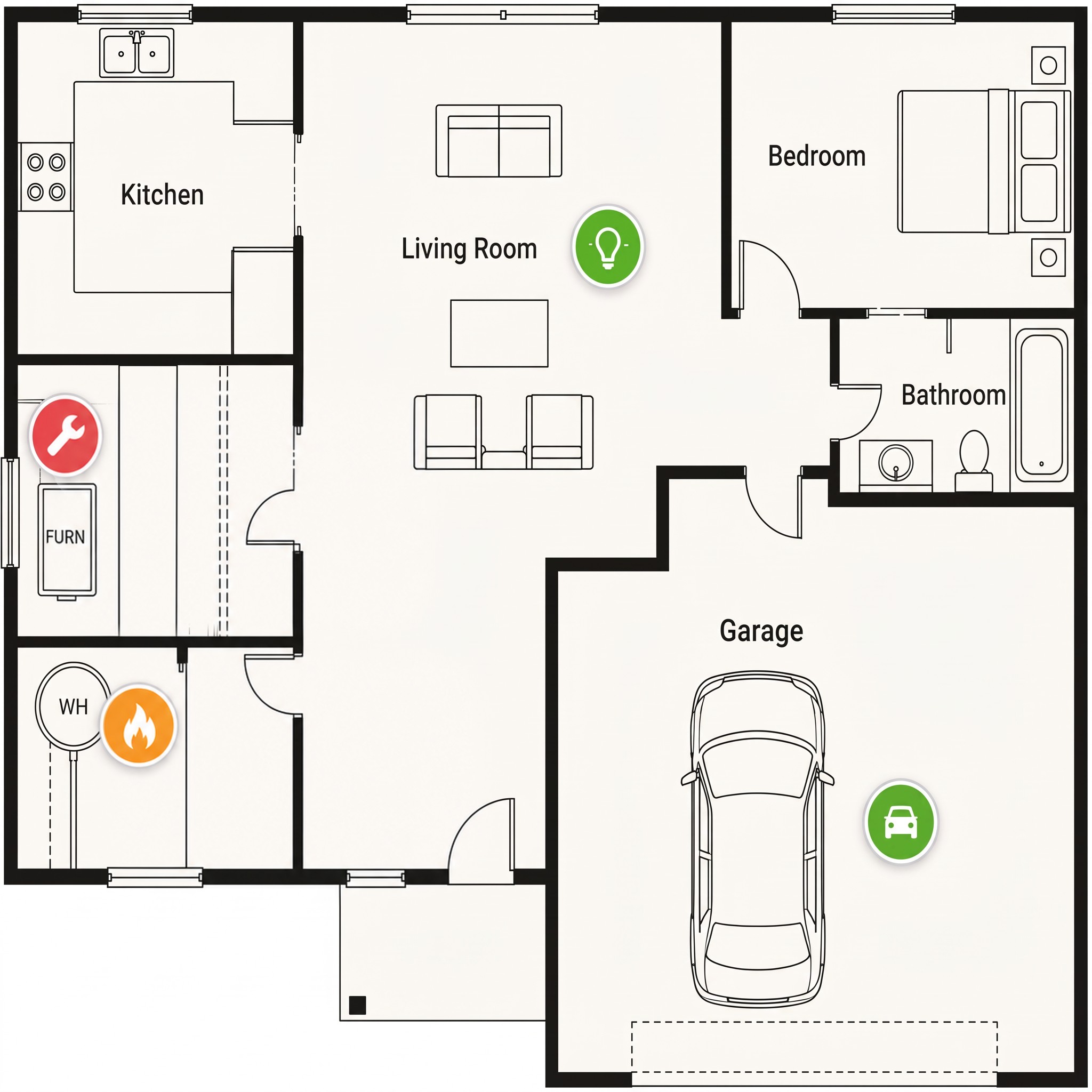 Home floor plan with maintenance pins and task labels: replace furnace filter (overdue), flush water heater (due in 12 days), replace refrigerator water filter (due in 143 days), smart lights in the living room, smoke detector in the bedroom (expires 10/2032), and change the car's cabin air filter (due in 32 days)