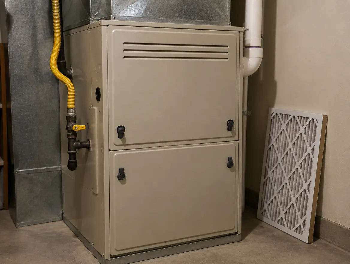 Residential gas furnace in a utility room