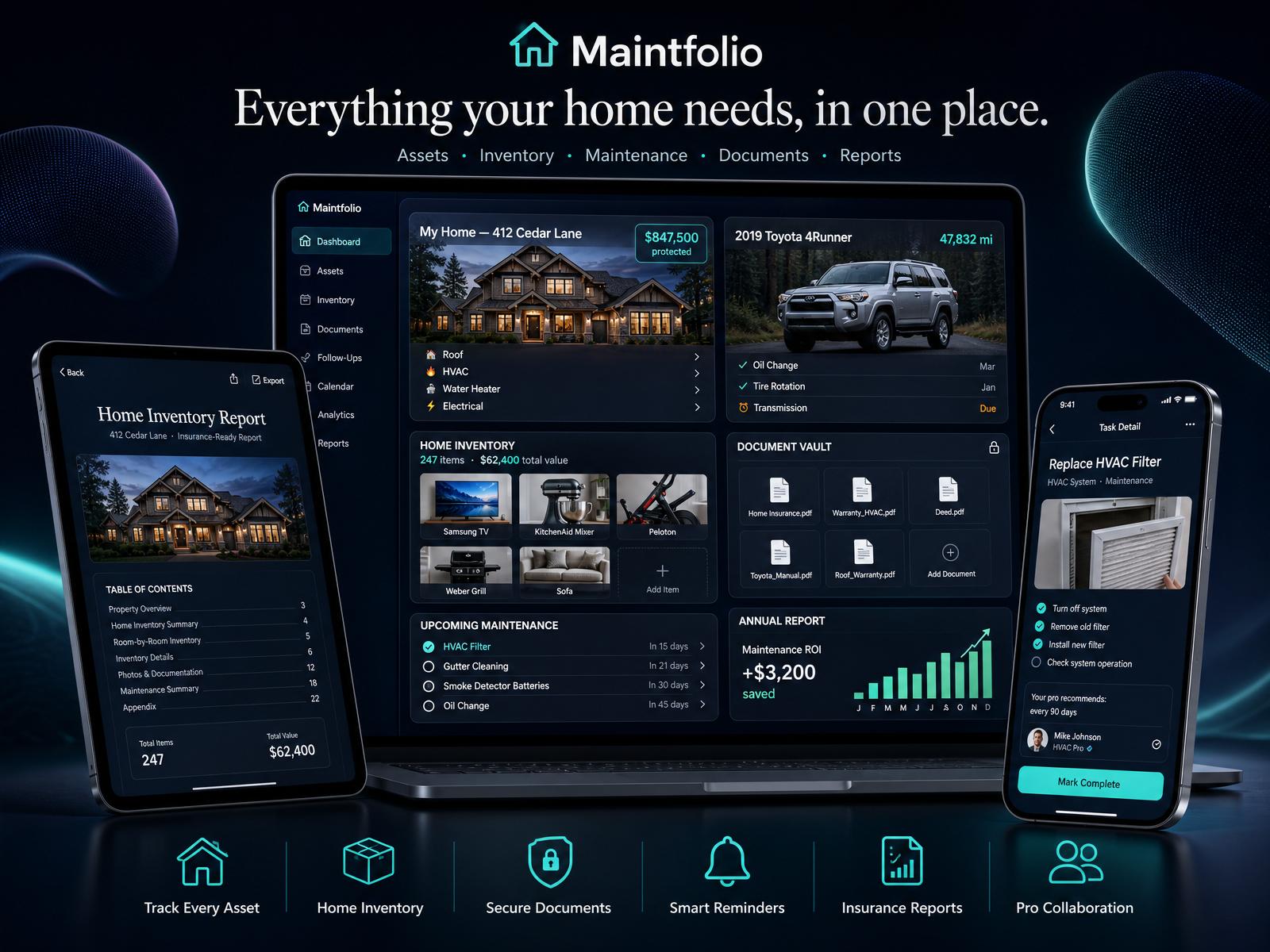 MaintFolio dashboard on laptop and phone with co-branded pro client portfolio