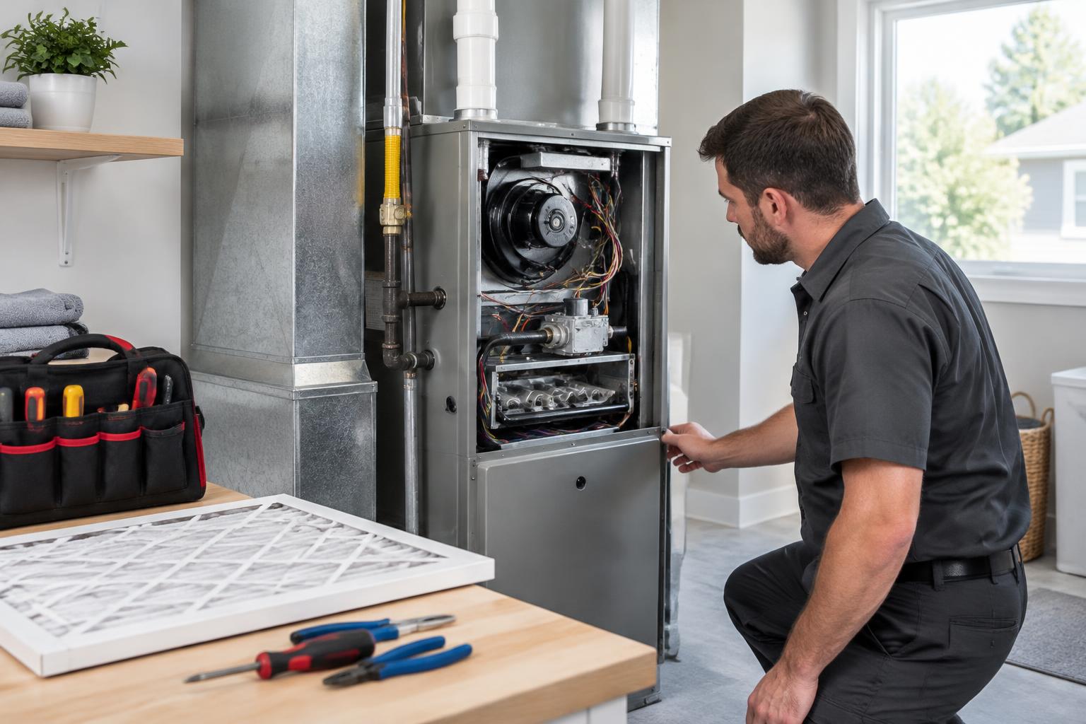 A service technician beside a residential furnace, with a replacement filter and tools ready nearby
