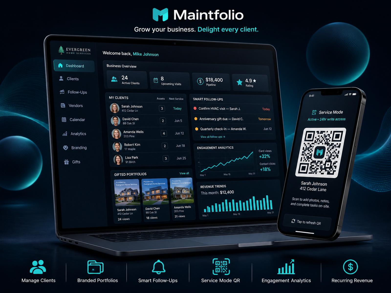 MaintFolio Pro CRM dashboard showing client portfolio, KPIs, and smart follow-ups