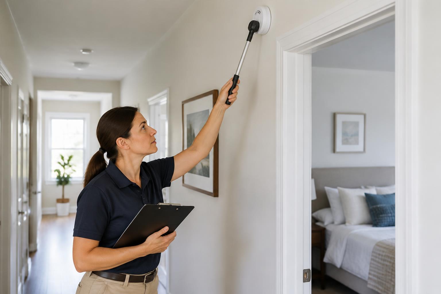 Property manager testing a smoke alarm in a clear hallway outside a bedroom