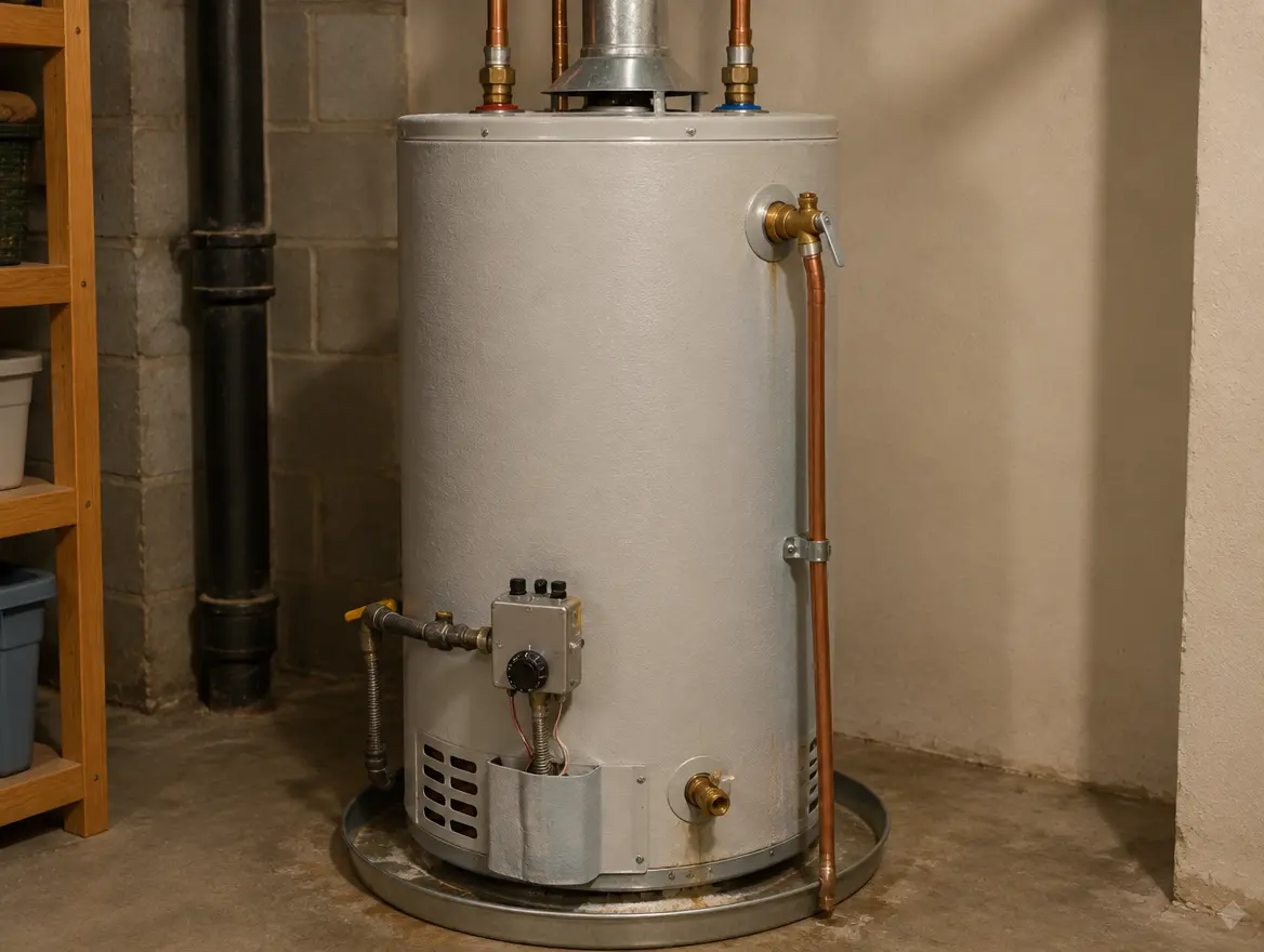 Tank water heater in a garage